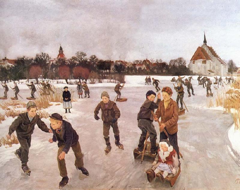 Ole Peter Hansen Balling Pa ice out the village. Faborg Germany oil painting art